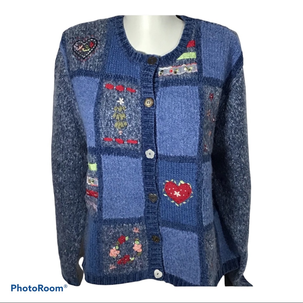 Vintage Blue Wool Blend Patchwork Embroidered Hearts Winter Holiday Sweater Leng